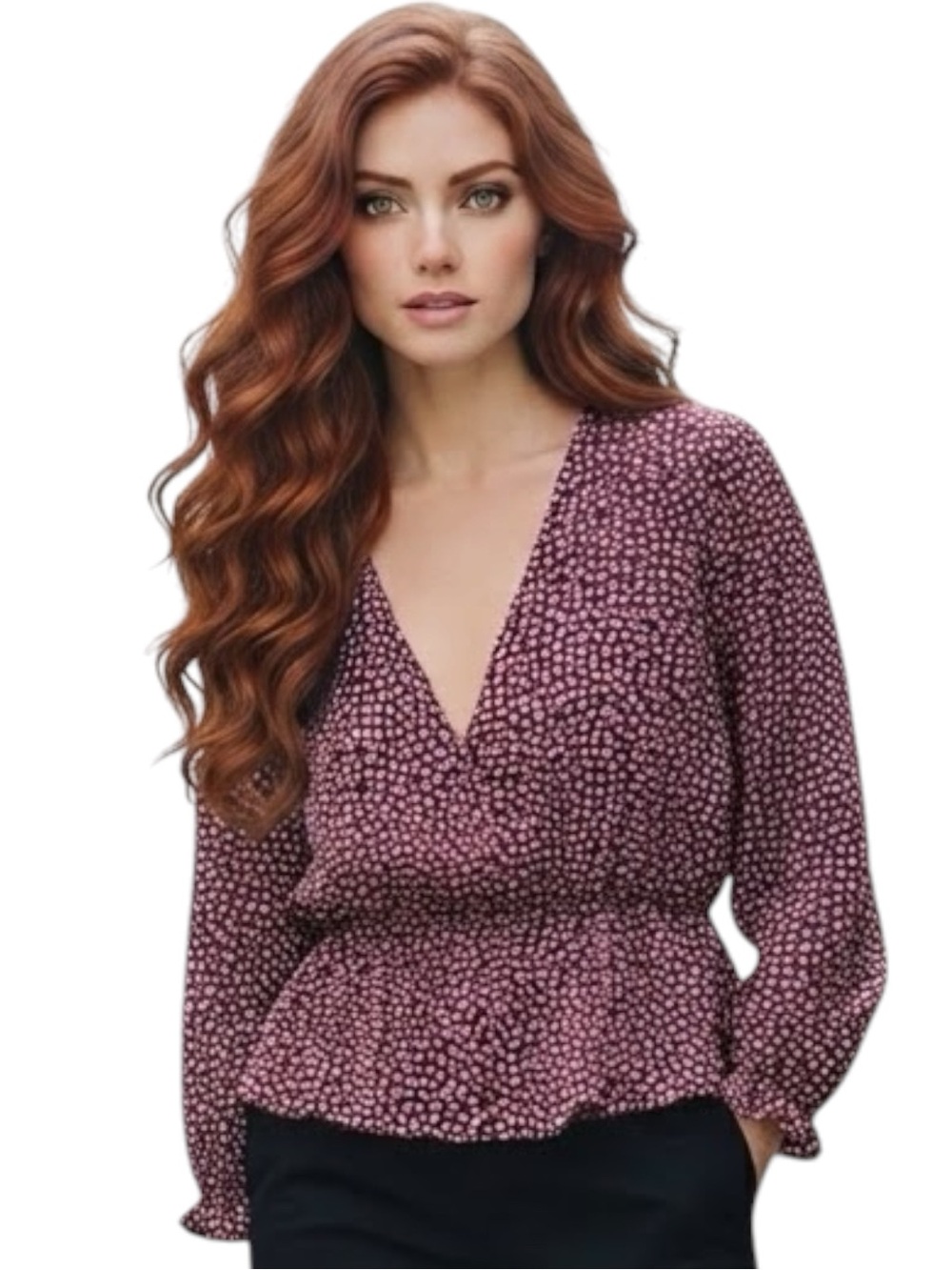 Madewell Burgundy Abstract Dot Print Peplum Blouse Sheer Long Sleeve V-Neck Top